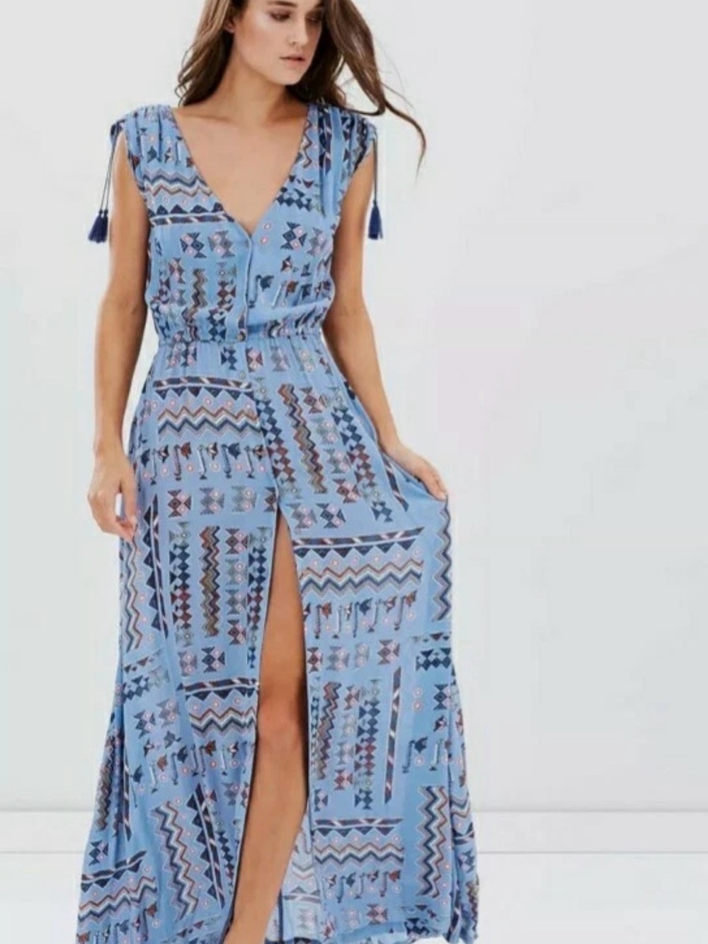 Tigerlily Blue Printed Maxi Dress with Tassel Shoulders